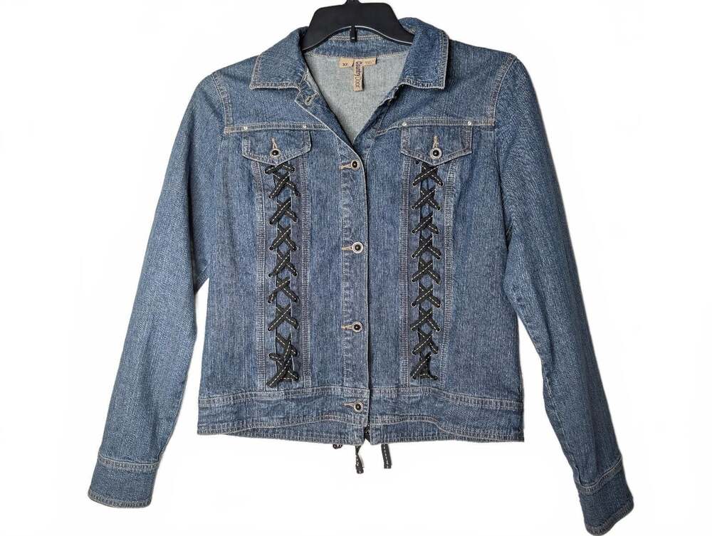Country Door Women's Denim Jacket with Black Lace-Up Detail Size XL